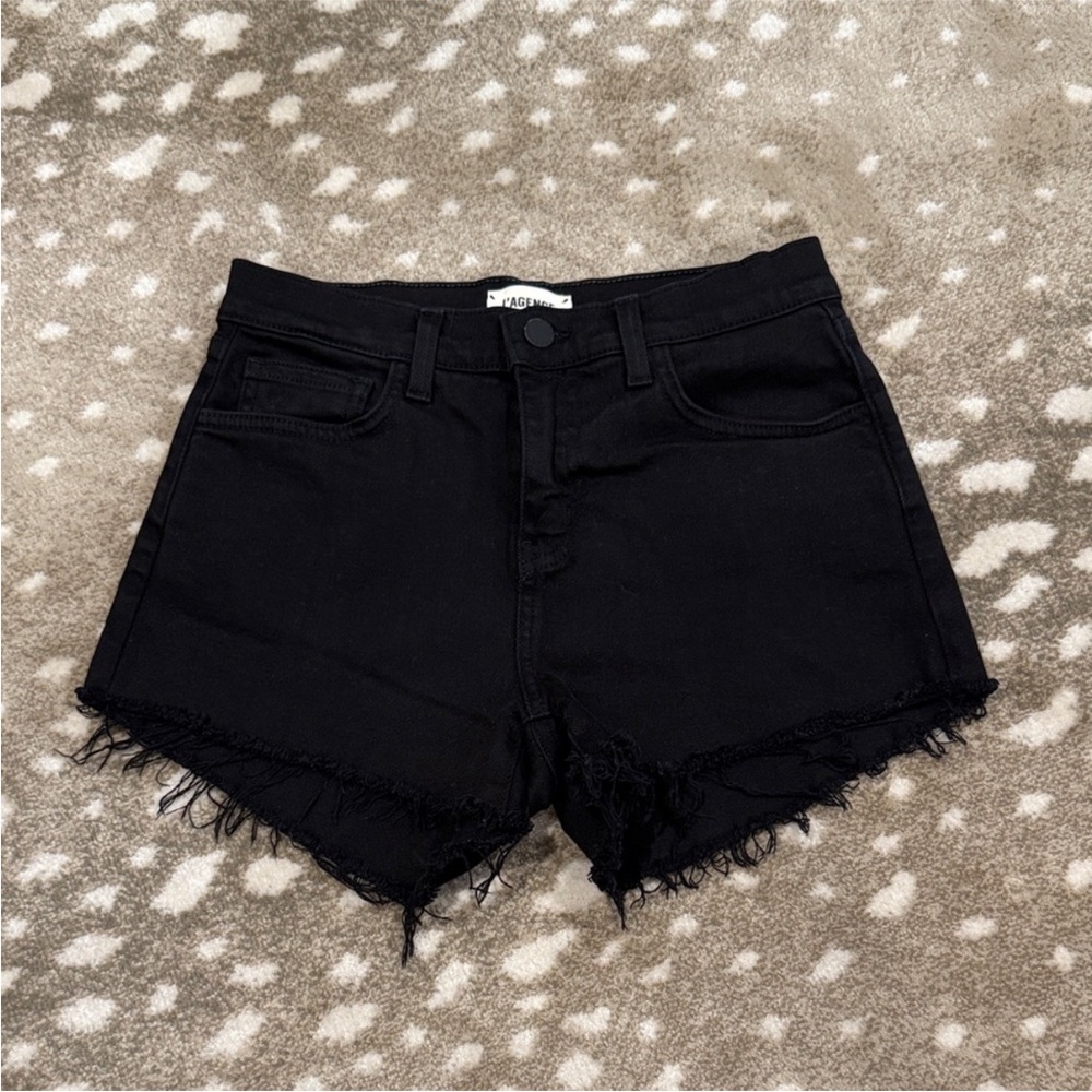 L'AGENCE Black Frayed Hem Jean Denim Shorts. Size 24